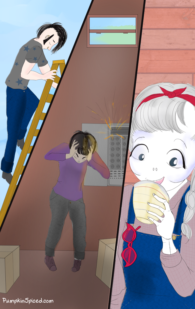  A panel right out of her webcomic! Characters, left to right: Sebastian, Violett, and Skarlett 